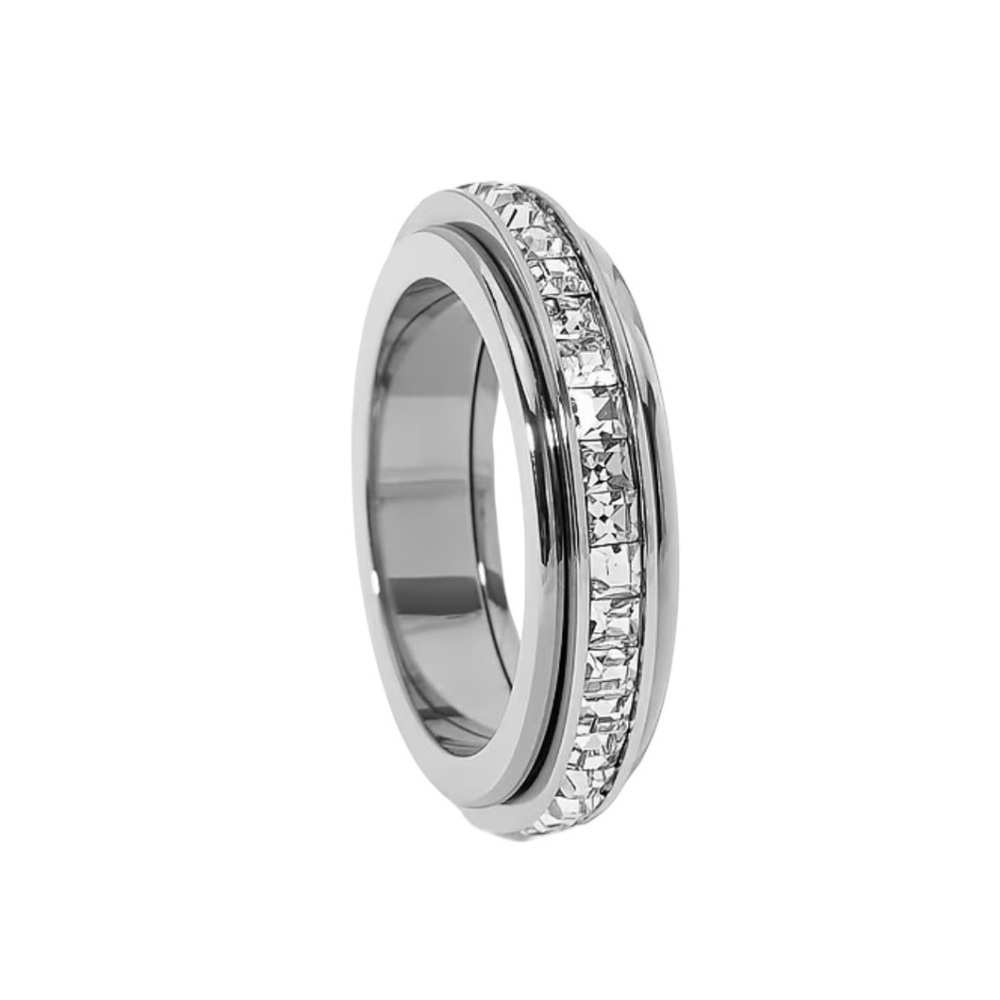 Spinner Fidget Ring in 18k White Gold over Silver Crystal Band Rotating • Size 7 - Picture 4 of 5